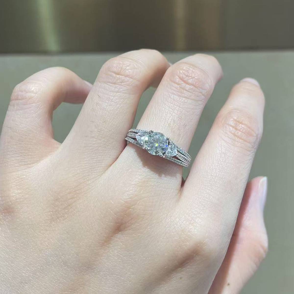 Three Stone Women's Ring S925 Silver Plated Platinum Customized Selection Main Stone Moissanite Diamond 1.0ct/Secondary Stone High Carbon Diamond
